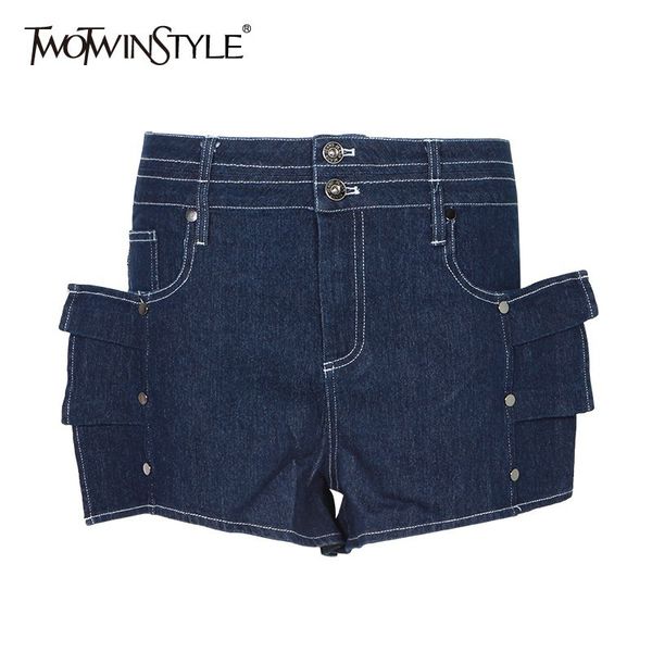 

twotwinstyle high waist shorts for women slim ruffles slim denim shortses female fashion clothes 2019 summer new tide, White;black