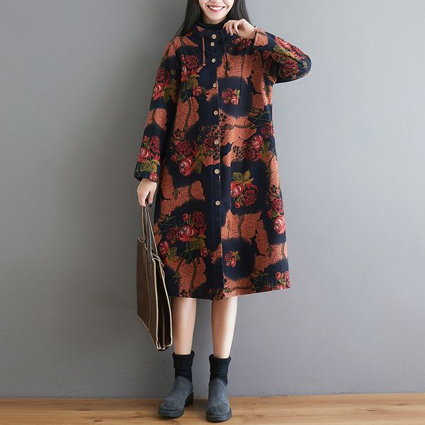 

8-color] autumn and winter new style ethnic-style large size cotton linen retro printed brushed and thick medium-length cotton, Blue;black