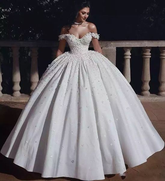 

arabic women luxury ball gown wedding dresses off the shoulder neckline fabulous 3d floral appliqued rhinestones bride vestidos de novia, White