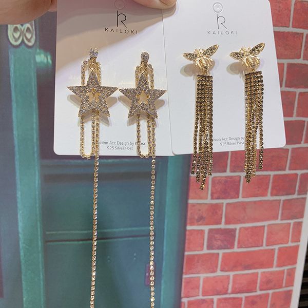 

silver needle korea personality exquisite pentagram bee full rhinestones chain long tassel earrings temperament ladies jewelry