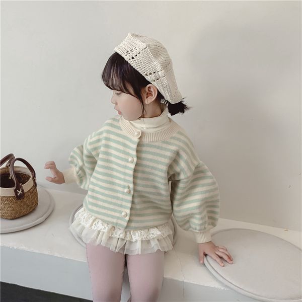 

princess knitted cardigan sweater for lovely girls 2019 fashion striped lantern sleeve pearl buttons sweater 2-8yrs, Blue