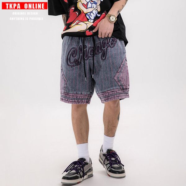 

men's jeans logo wear shorts in europe and the street letter splicing stripes water embroidered do old cowboy casual pants, Blue