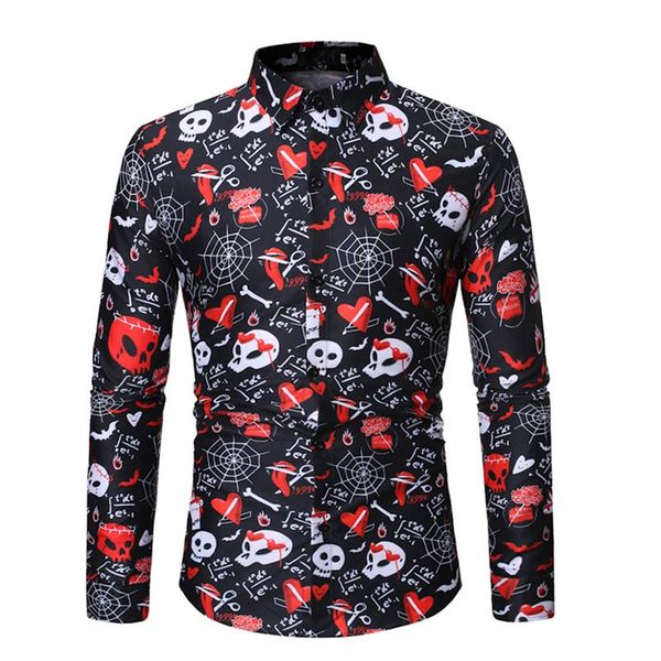 

2019 autumn new fashion long sleeve men shirt casual slim fit halloween skull spider web printed shirts men dress, White;black