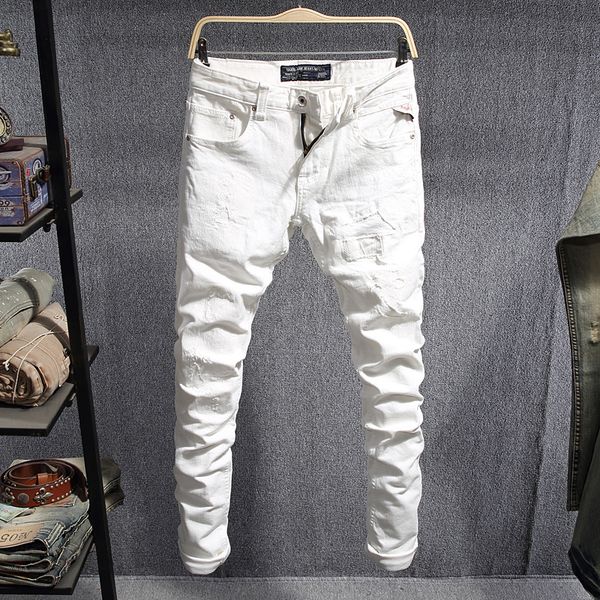 

men's jeans fashion streetwear men white slim fit destroyed ripped patchwork elastic denim punk pants hip hop homme, Blue