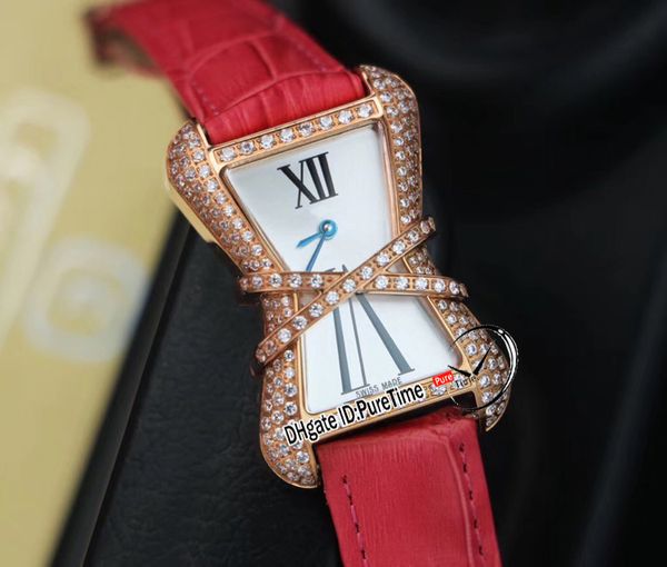 Alta joalheria libre wj306014 diamante enlacee suíço quartzo feminino relógio rosa ouro branco mop mostrador pulseira de couro preto puretime2261