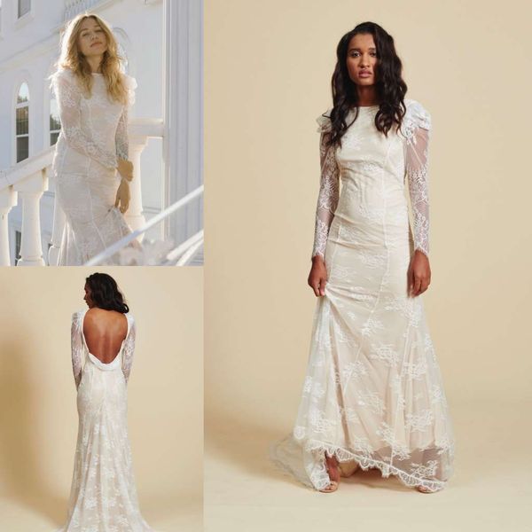 

bohemia mermaid long sleeve wedding dresses 2019 latest lace appliqued backless boho bridal gowns beach wedding dress custom made, White
