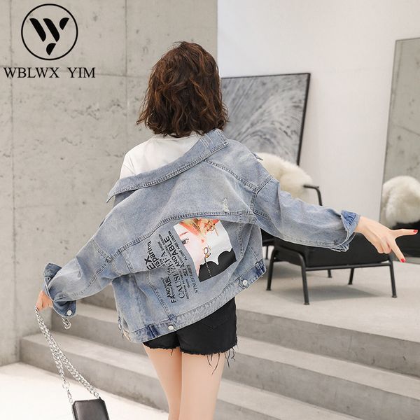 

2019 korean short denim jacket female fashion print long sleeve hole jeans jacket women casual loose plus size s-3xl denim coat, Black;brown