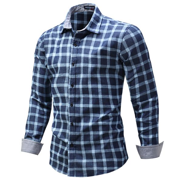 

Brand New Men Denim Shirt Autumn Designer Fashion Plaid Fit Slim High Quality Casual Denim Shirts Men Chemise Homme 3XL Blue Plaid for Male