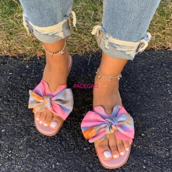 

spring/summer new 2020 women color printed bow double sandals outdoor leisure wild fashion beach slippers ladies home flip flop, Black