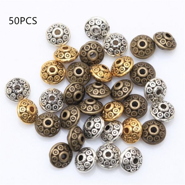 

50pcs dia.6mm tibetan metal beads antique gold silver oval ufo shape loose spacer beads for jewelry making diy bracelet crafts, Blue;slivery