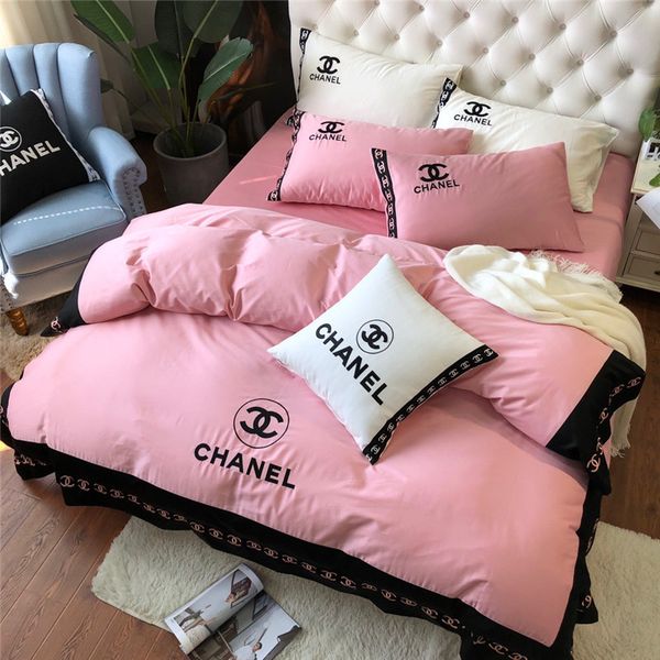 

pink white designs bedding sets fashion letter embroidery 4pcs bed sheet suit simple stripe side letter bedding supplies