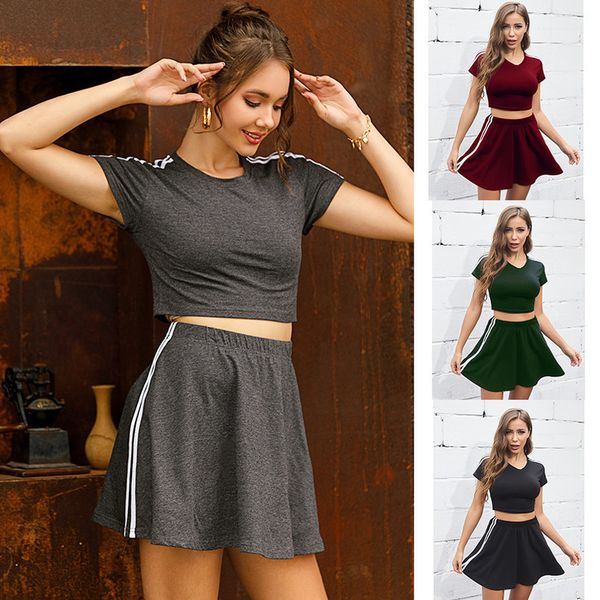 

new fashion women's casual short suit solid color short sleeve with short skirt suitable for leisure sports for lady, Gray