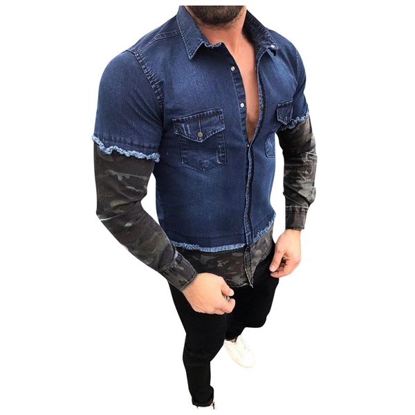 

men's denim shirt casual camouflage patchwork panel button down shirt turn-down collar slim fit male blouse size -3xl, White;black