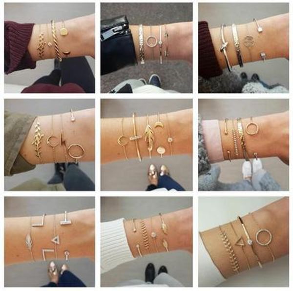 

4pcs/set bohemian gold moon leaf cute cat crystal bracelet set for women punk beach boho bracelets bangle sets gift, Black