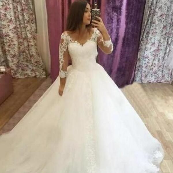 

modest lace tulle ball gown wedding dress with illusion 3/4 sleeves custom made puffy tulle bridal gowns, White