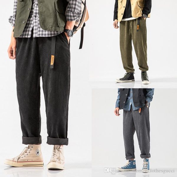 

mens autumn wide leg overalls pants straight loose pant male work wild corduroy beaded pants winter, Black