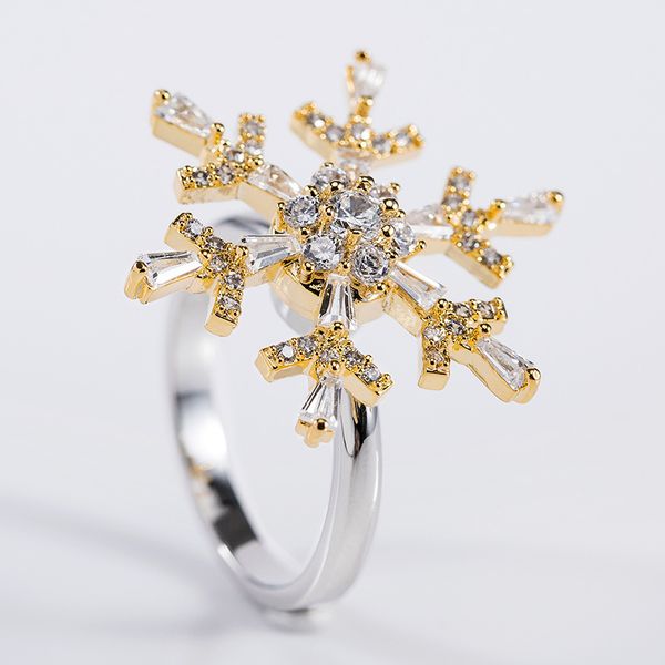 

luxury rotatable inlaid zircon snowflake rings for women adjustable finger ring fashion statment ring wedding band party jewelry, Slivery;golden