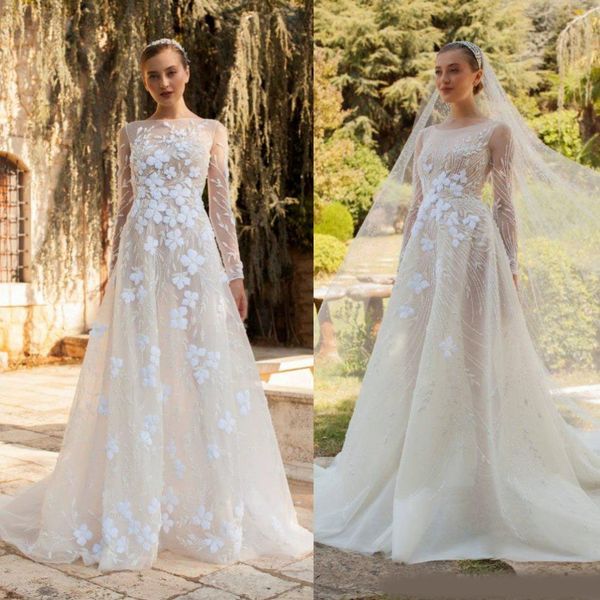 

2020 long sleeve wedding dresses a line lace floral applique tulle modest boho wedding dress custom made bateau neck bohemian abiti da sposa, White