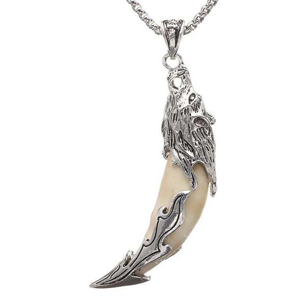 

men's silver tone cream tribal design wolf tooth charm pendant necklace w/ ss chain 24" long