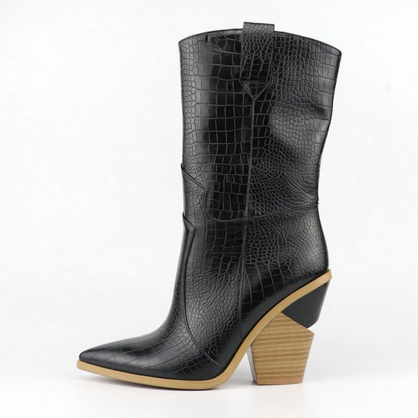 

autumn fashion women faux leather wedges ankle pointed toe high heel western winter mid-calf cowgirl boots t200425, Black