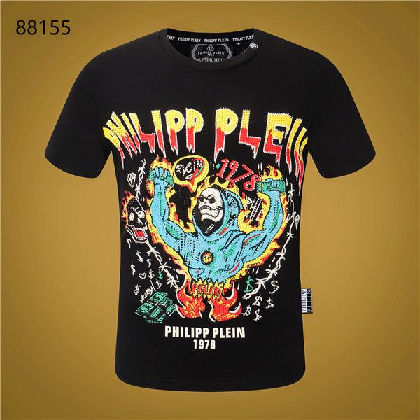 

2019 brand men printed phillip plain t shirt casual short sleeve o-neck fashion printed skull head drilled cotton t-shirt, White;black