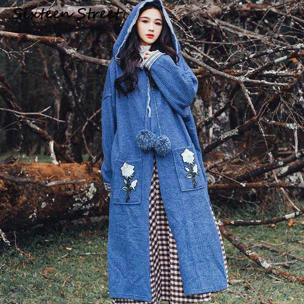 

boho gray blue long sweater coat woman rose embroidery pocket vintage chic fashion knitter coat with hooded female autumn cloth, White