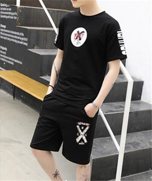 

Summer 2PCS Short Sleeve Mens Tracksuits Teenager Fashion Print Sports Sets Crew Neck Shorts Running 2PCS Clothing