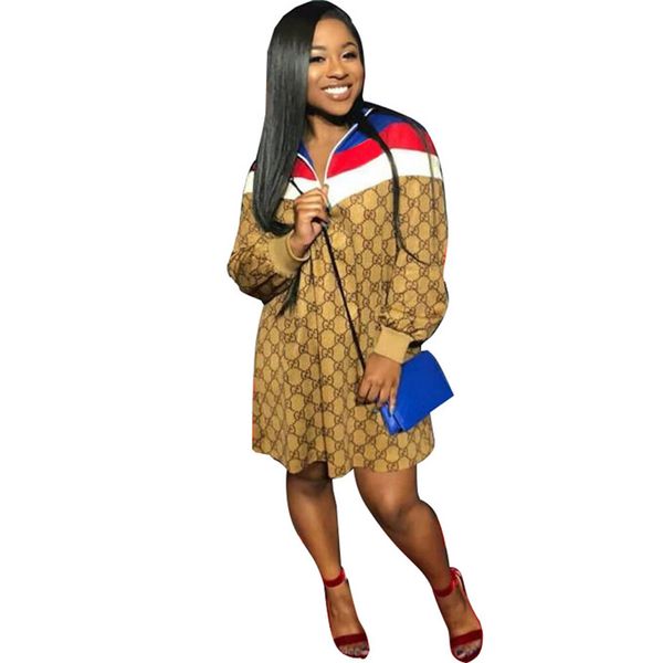 

GC Striped Print Zipper Womens Dresses Spring Lapel Neck Luxury Designer Women Sexy Casual Dresses Female Apparel