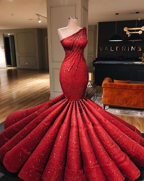 

2020 red mermaid prom dress sparkly arabic one shoulder sequined plus size evening gown sheath open back formal party bridesmaid dress, Black
