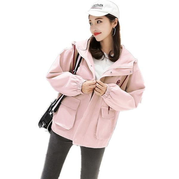 

women's trench coat early autumn new women's korean version hooded overalls student baggy jackets, Tan;black