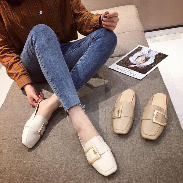 

metal buckle mules woman low heels slippers casual closed toe slides slip on shoes shallow zapatos mujer beige khaki loafers, Black