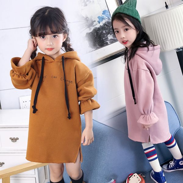 

teenage dress 2018 winter long sleeve hoodies thick warm letter dresses for big girls children's clothing kids clothes y200317, Red;yellow
