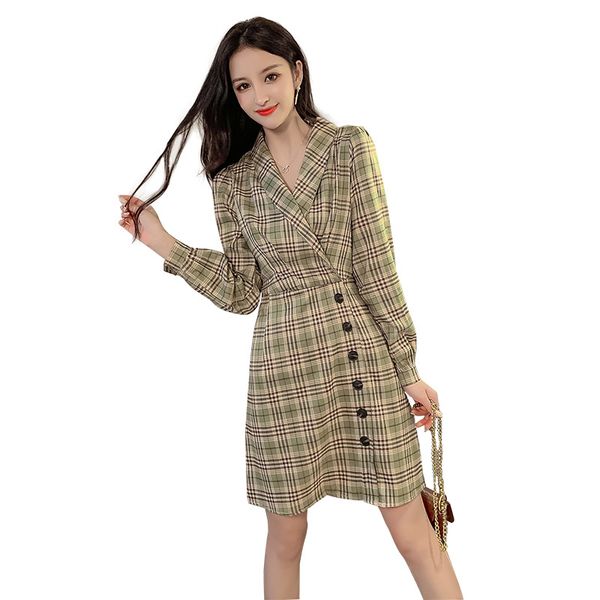 

весна новый воротник поло элегантный плед юбка с длинным рукавом платье офисные платья зеленый синий розовый платье, Black;gray