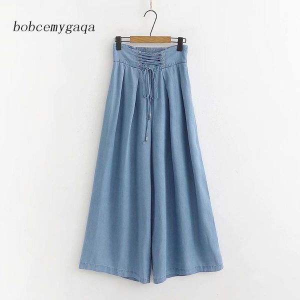 

women loose high waist denim wide leg pants palazzo pants casual summer spring plus size high waist jeans, Blue