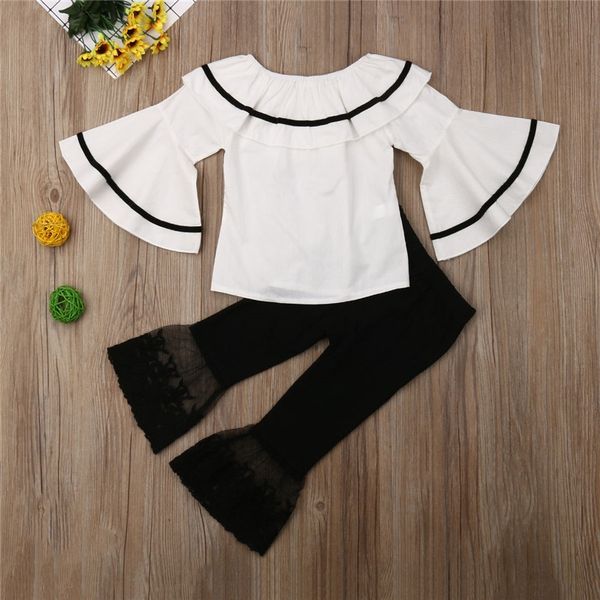 

2-6y малышей kid baby girl summer casual сборки flare с длинным рукавом футболки кружева длинные брюки нижнее девушка одежды 2шт set детский