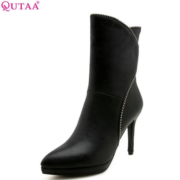 

qutaa 2019 women ankle boots pu leather thin high heel elegant winter shoes platform women shoes boots size 34-43, Black