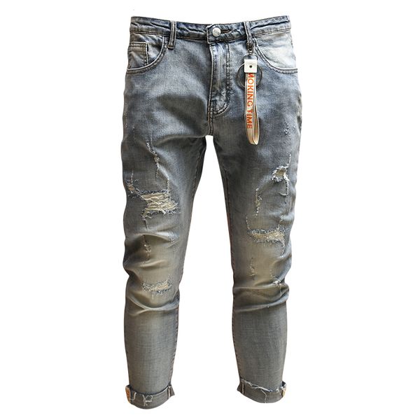 

retro mens skinny ripped jeans streetwear light blue ankle-length pants pants for jean cowboys men psmj79