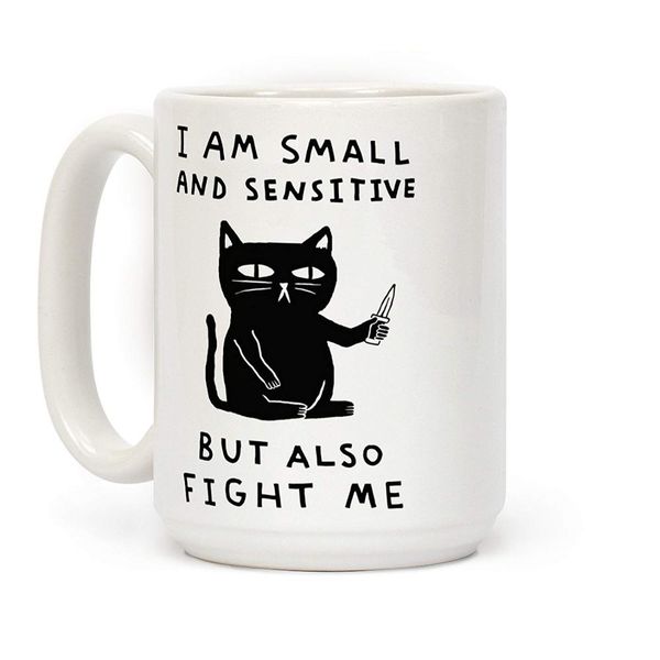 

lookhuman i am small and sensitive but also fight me cat white 11 ounce ceramic coffee mug