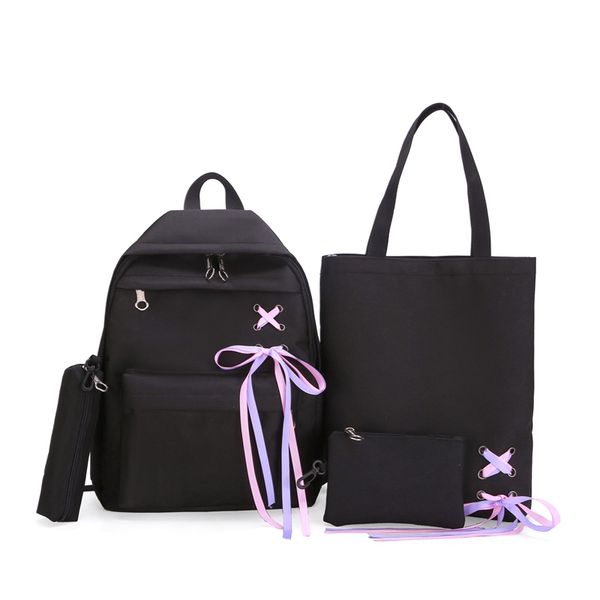 

jhd-4pcs/set ribbon chain bowknot canvas backpack travel rucksacks leisure backpacks for teenage girls school backpack