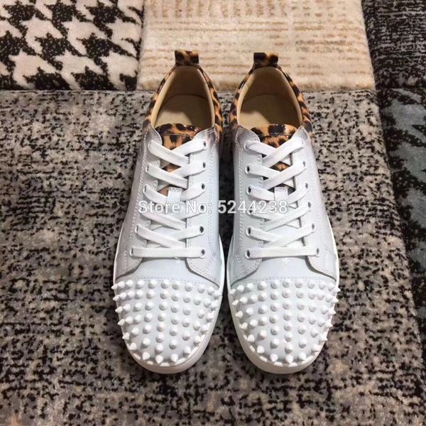 

low cut white leather gradient leopard prom spikes toecap lace up red bottom runner shoes for men flat casual loafers footwear, Black