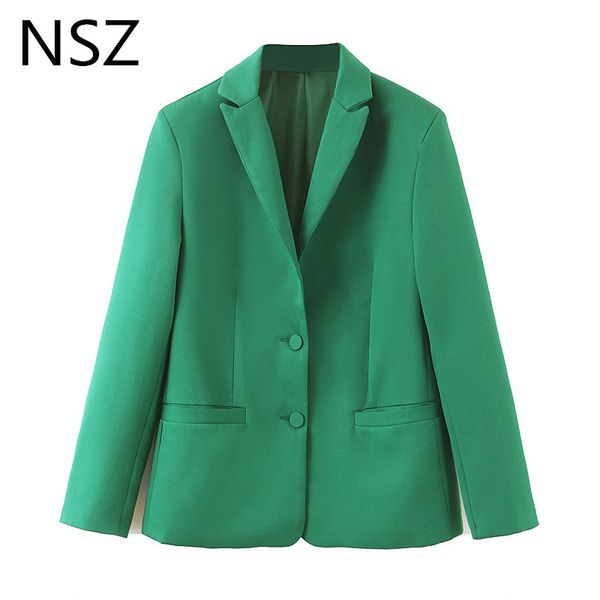 

nsz women solid green blazer long sleeve notched single breasted office work business jacket pocket decoration coat outerwear, White;black