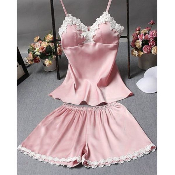 

2pcs women lingerie sleepwear set satin babydoll lace robes sleep pajamas set shorts sleeveless shirts, Blue;gray