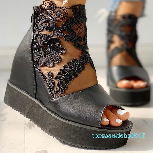 

summer women's sandals high heels casual ethnic open toe wedges platform height increasing chunky ladies shoes zapatos de mujer, Black