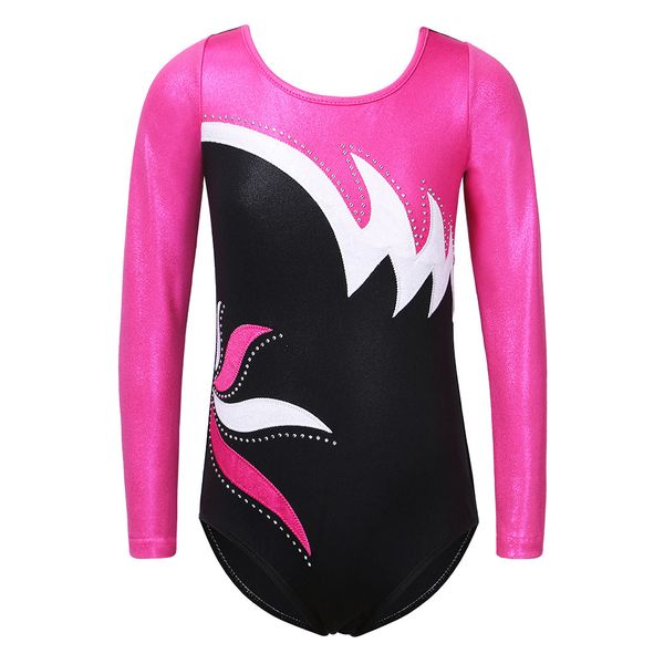 

baohulu new 3-11y gymnastics suit long-sleeved highlights diamond-shaped bodysuit girls ballet gymnastics leotards sport clothes, Black;red