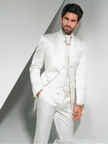 Ternos online Noivo Smoking Mandarim Homens lapela do terno branco Groomsman O melhor homem casamento / Prom (jaqueta + calça + gravata + Vest)