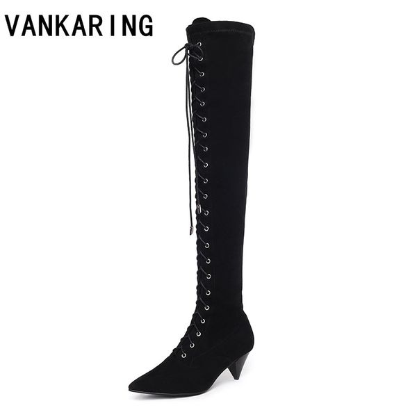 

cross-tied elastic thigh high boots ladies over the knee high boots women autumn winter shoes woman heel rubber botas, Black