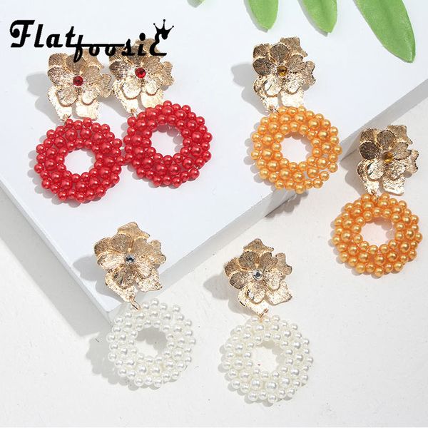 

flatfoosie 2019 flower dangle earrings for women fashion ethnic metal white orange red beads bohemian drop earring jewelry, Silver