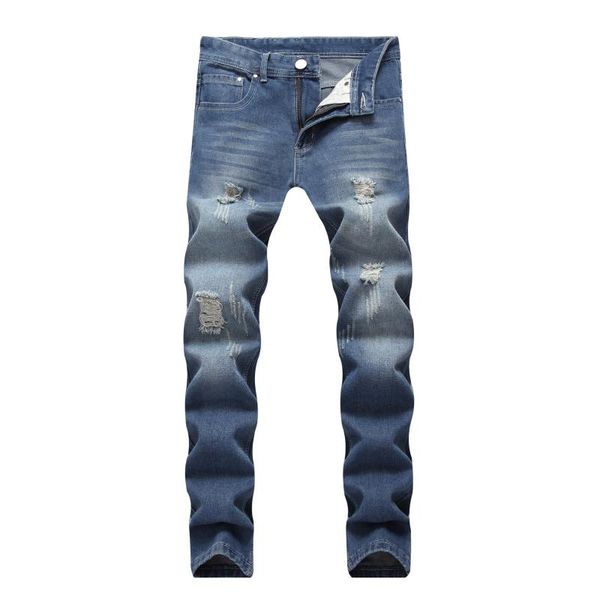 

сгущаются рваные мужские джинсы стрейч разрушенные high street jean homme ретро синий мужской модный дизайн длинные мужские slim fit джинсы, Blue