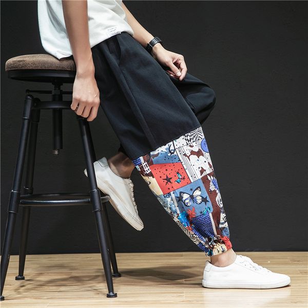 

2019 casual loose harem pants men harajuku patchwork men trousers chinese style linen vintage retro streetwear pants, Black