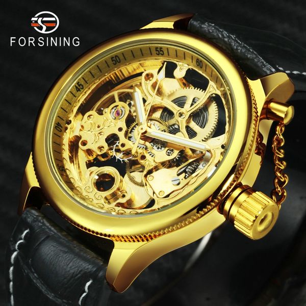 

forsinin royal dress automatic mechanical men watches leather strap golden skeleton dial business wristwatch, Slivery;brown